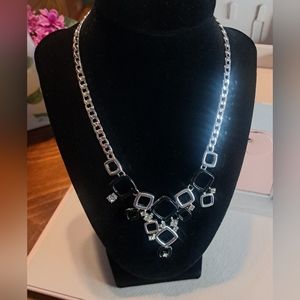 Black And Silver Tone Rhinestone Bib Statement Costume Jewelry Necklace 18"L